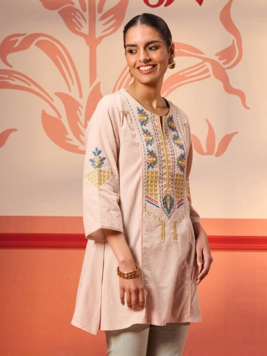 Floral Embroidered Straight Pure Cotton Tunic
