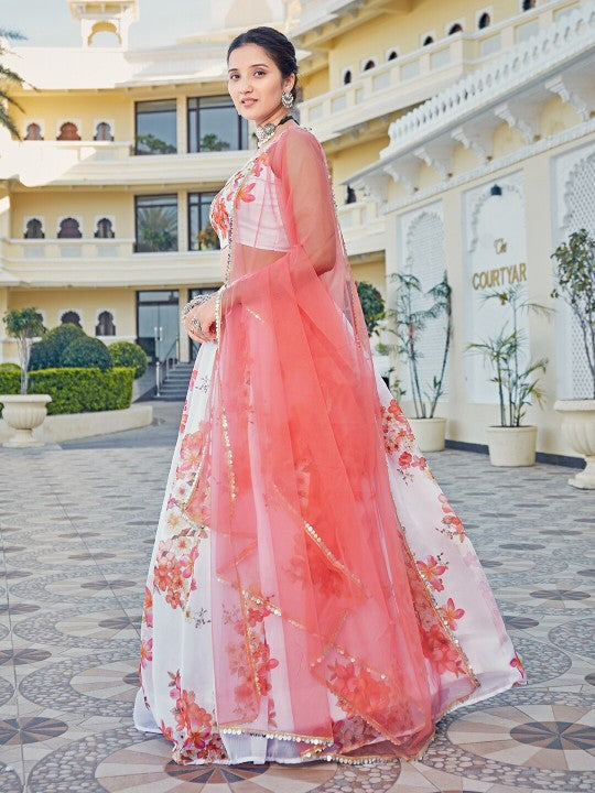 White & Pink Printed Sequinned Semi-Stitched Lehenga & Unstitched Blouse With Dupatta