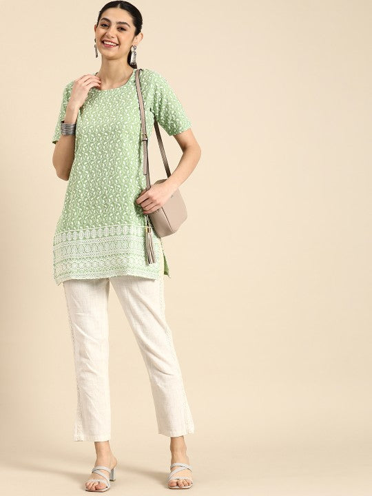 Ethnic Motifs Embroidered Chikankari Pure Cotton Kurti