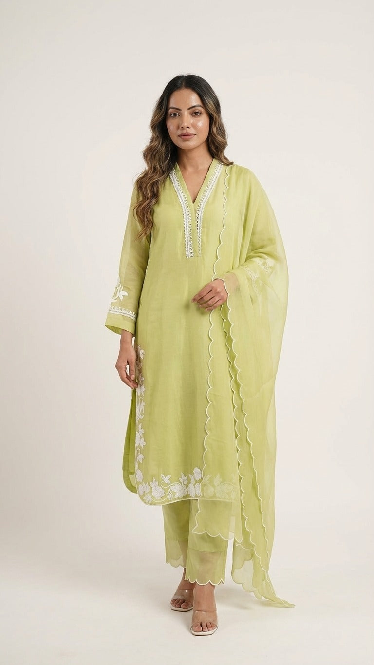 Pista Green Embroidered Kurta Pant Dupatta Set For Women