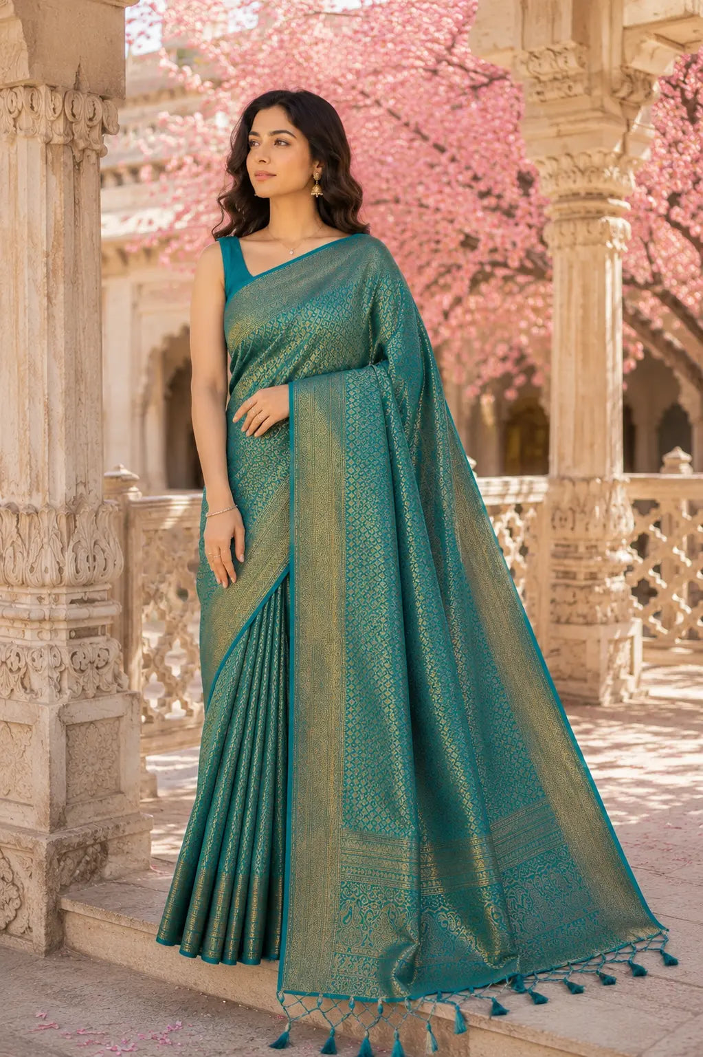 Teal Blue Banarasi Style Soft Silk Saree with Zari Weave
