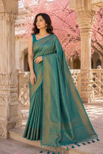 Teal Blue Banarasi Style Soft Silk Saree with Zari Weave