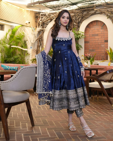 Blue Vichitra Silk Sequin Embroidered Anarkali Suit Set