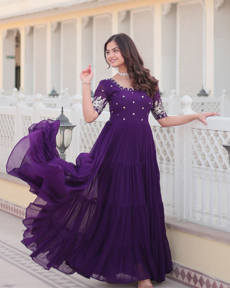 Purple Color Four Layer Georgette Embroidered Gown