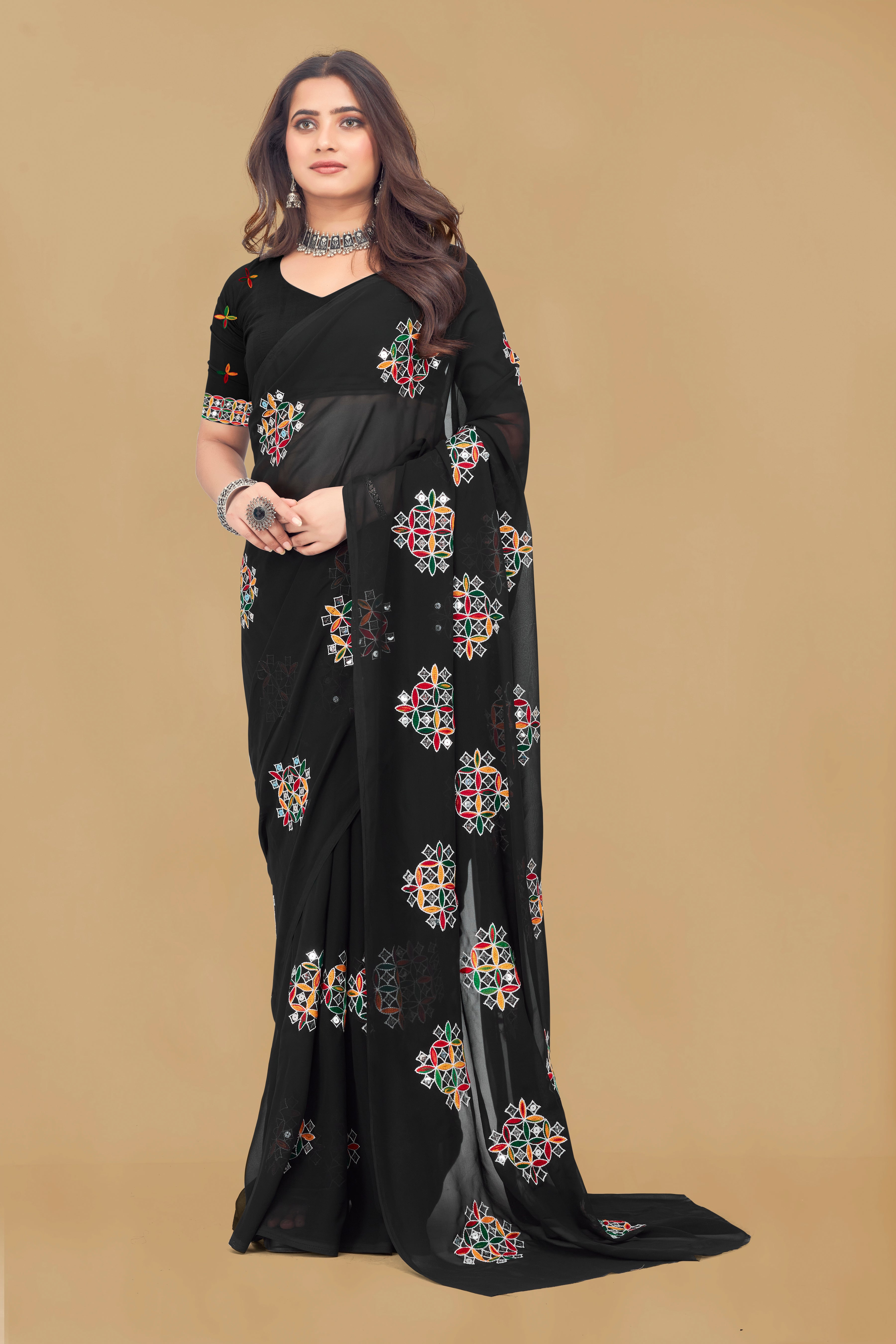 SNIZVI Black Floral Pure Georgette Ready to Wear Saree