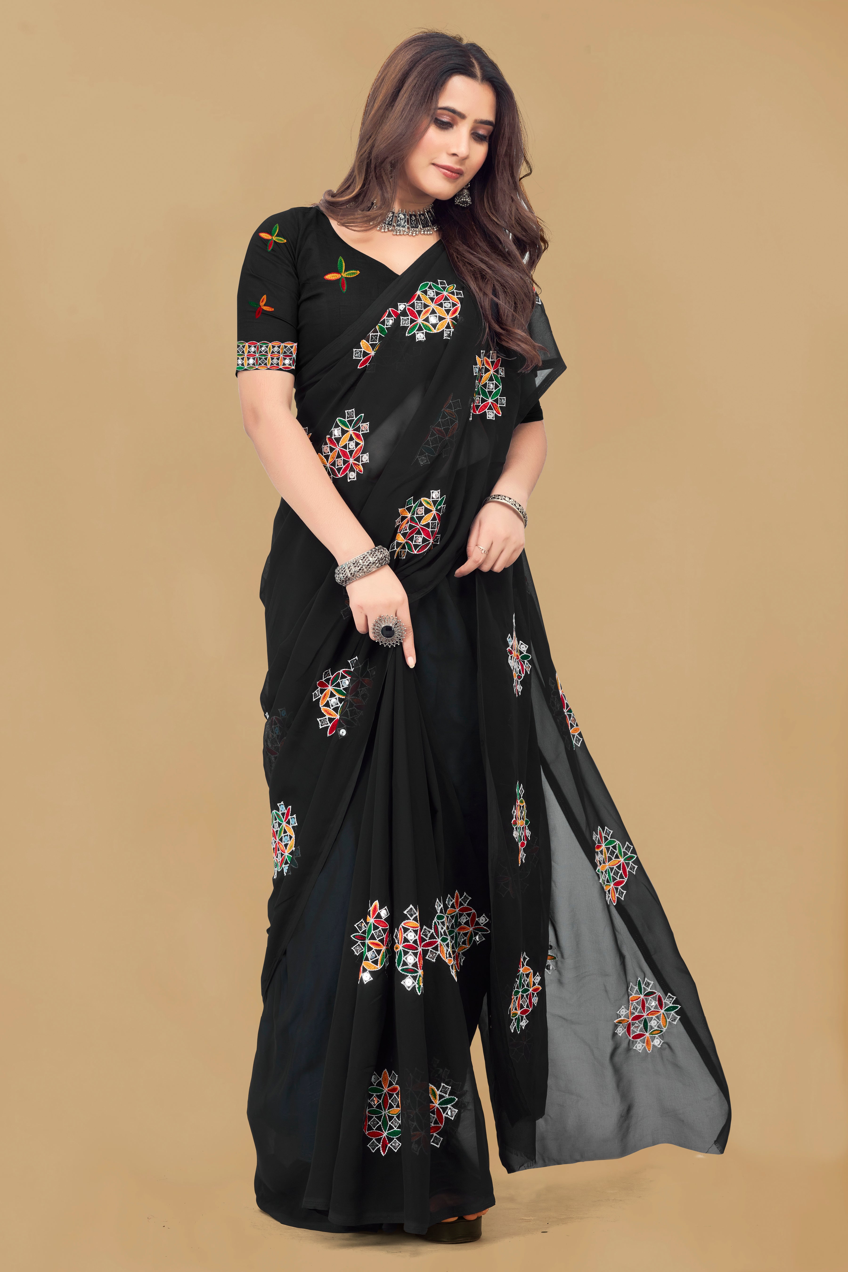 SNIZVI Black Floral Pure Georgette Ready to Wear Saree