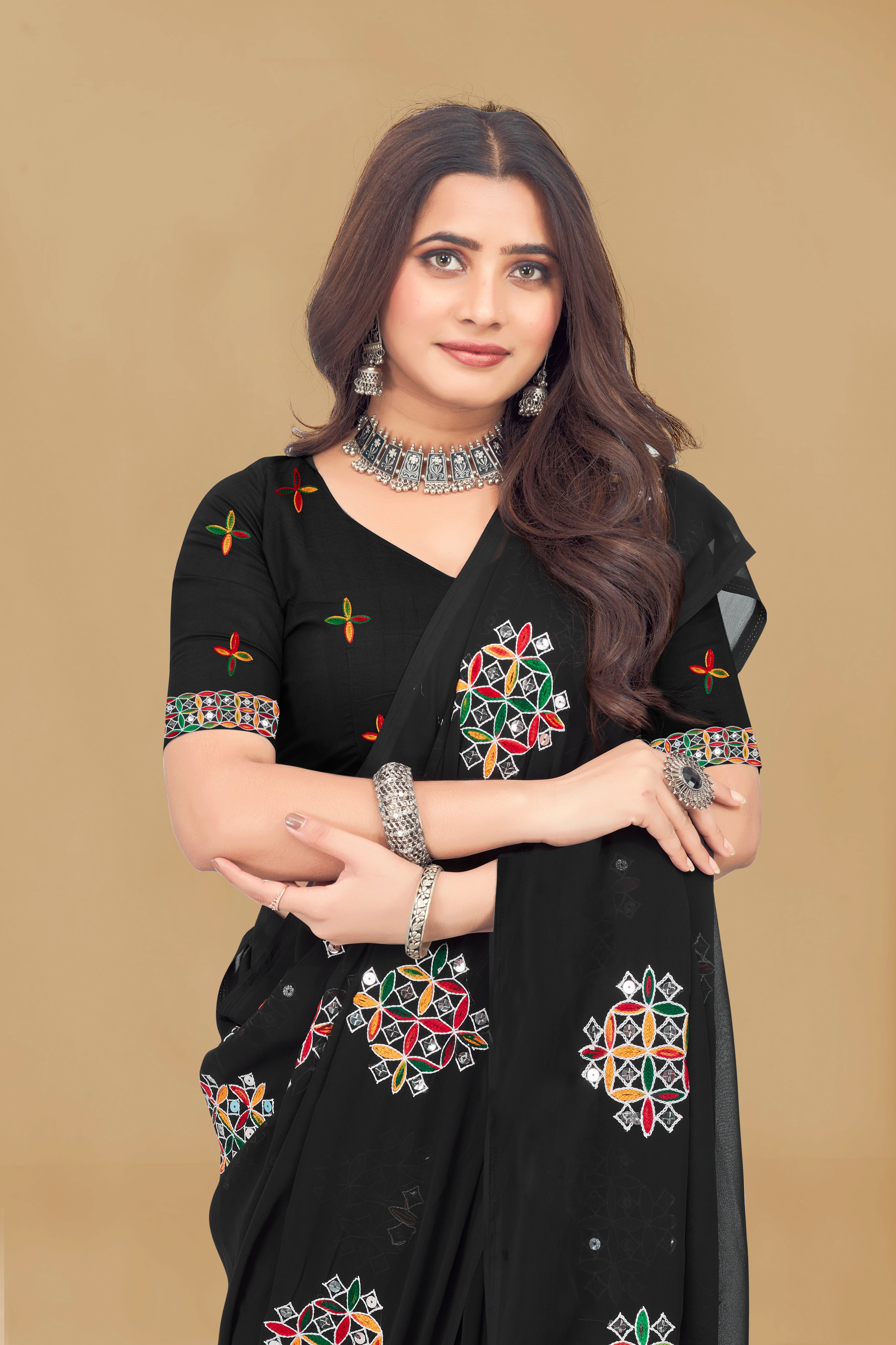 SNIZVI Black Floral Pure Georgette Ready to Wear Saree