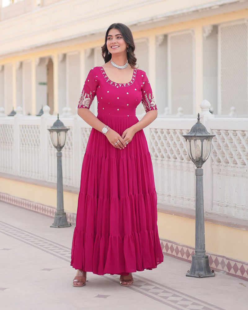 Pink Color Four Layer Georgette Embroidered Gown