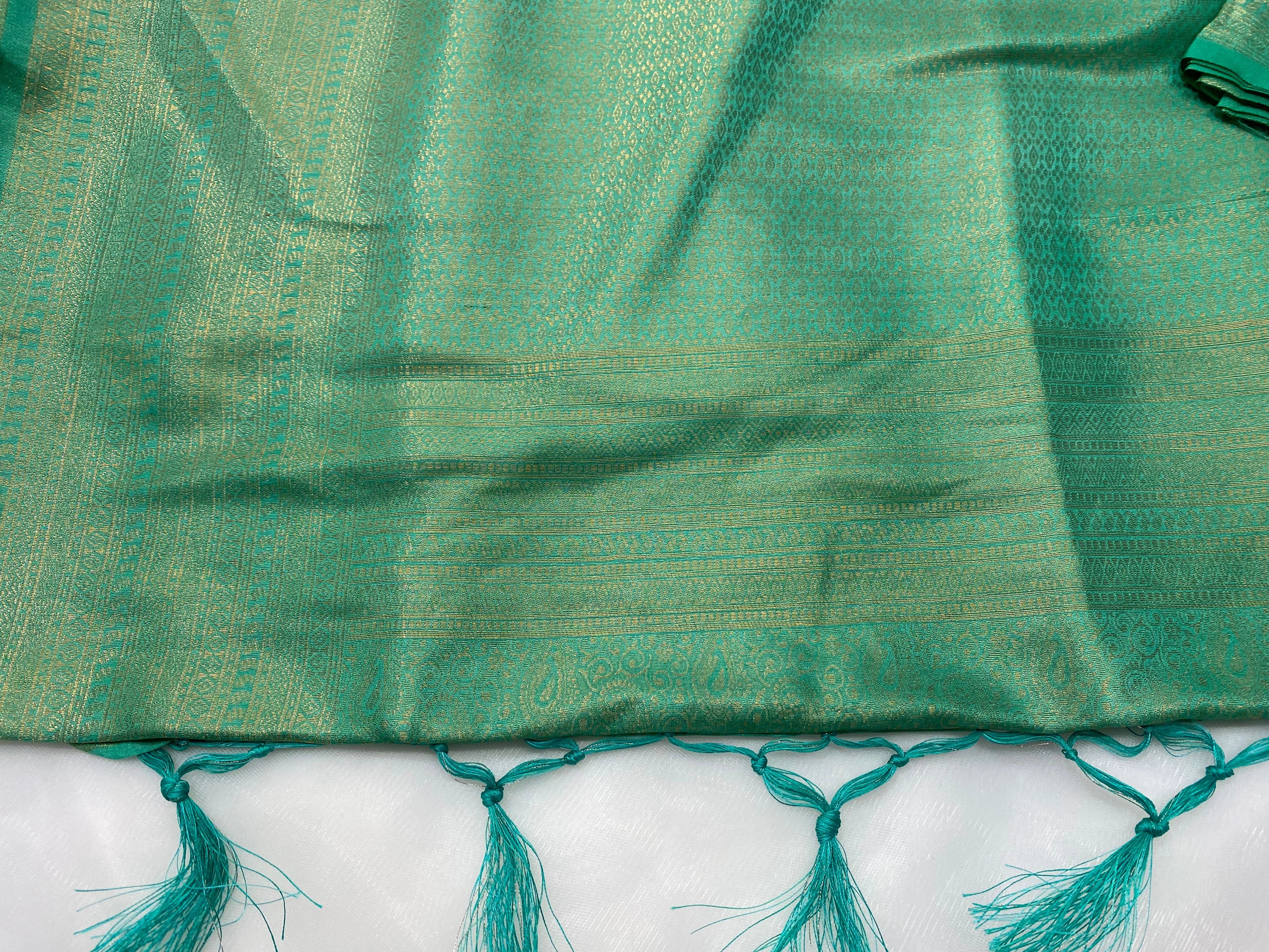 Sea Green Banarasi Style Soft Silk Saree with Gold Zari