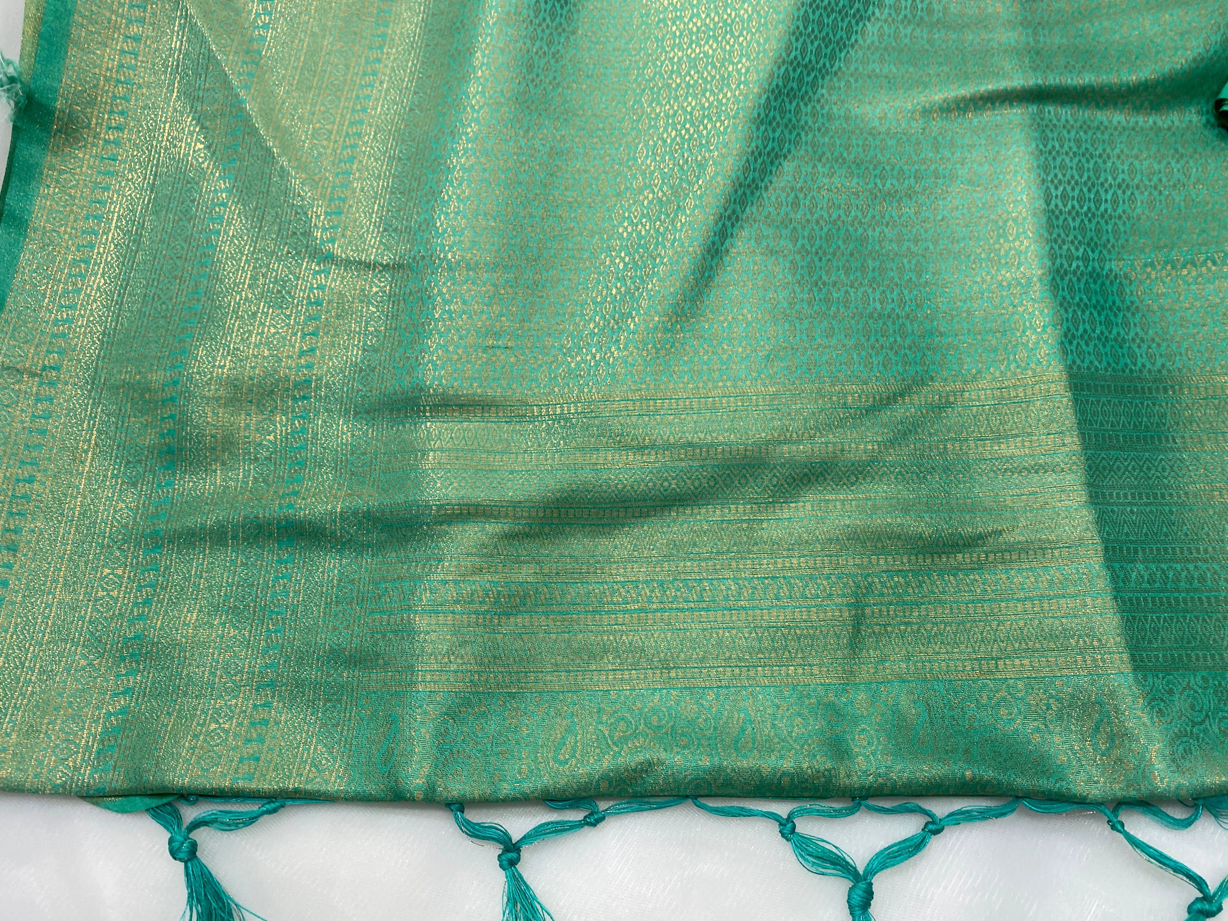 Sea Green Banarasi Style Soft Silk Saree with Gold Zari
