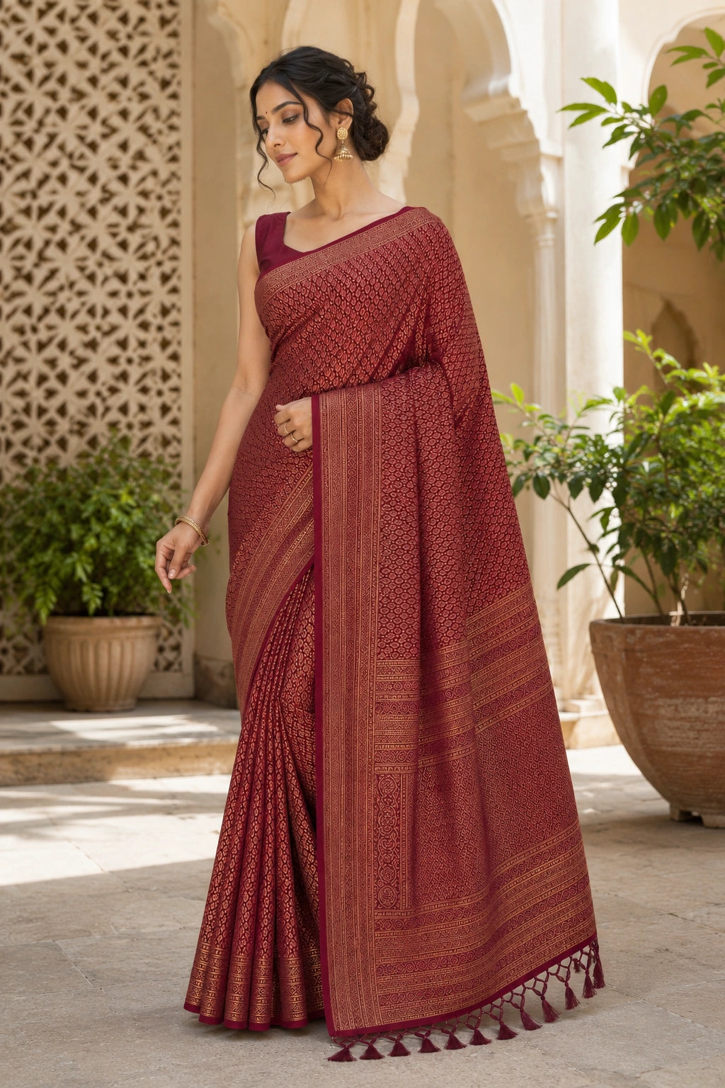 Red Banarasi Style Soft Silk Saree with Antique Gold Zari