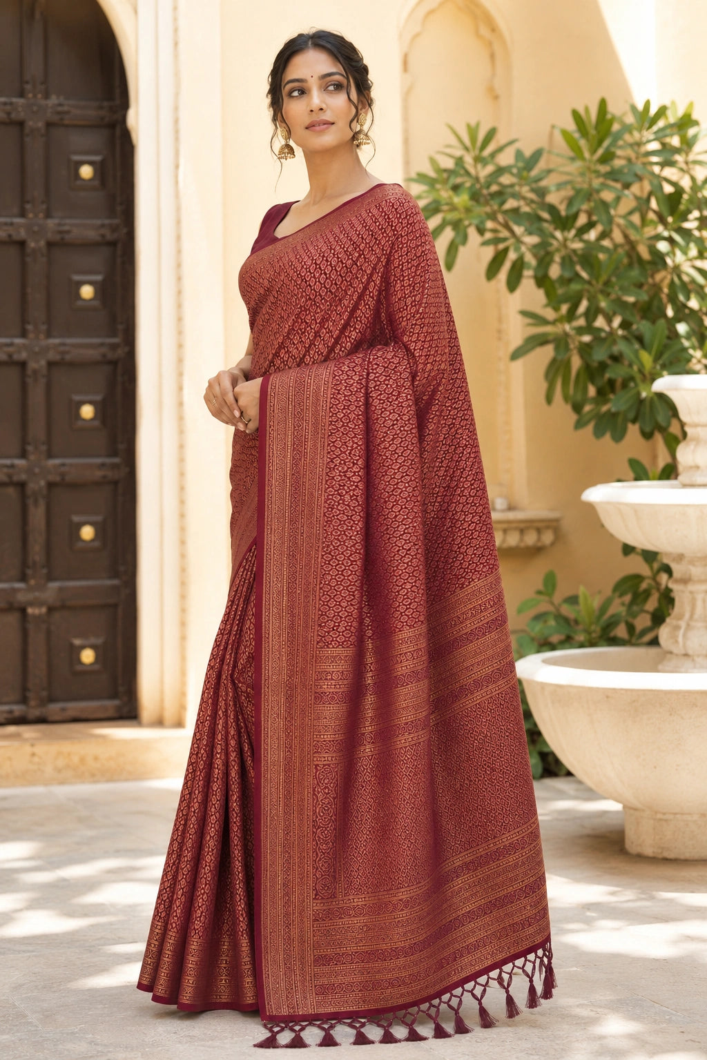 Red Banarasi Style Soft Silk Saree with Antique Gold Zari