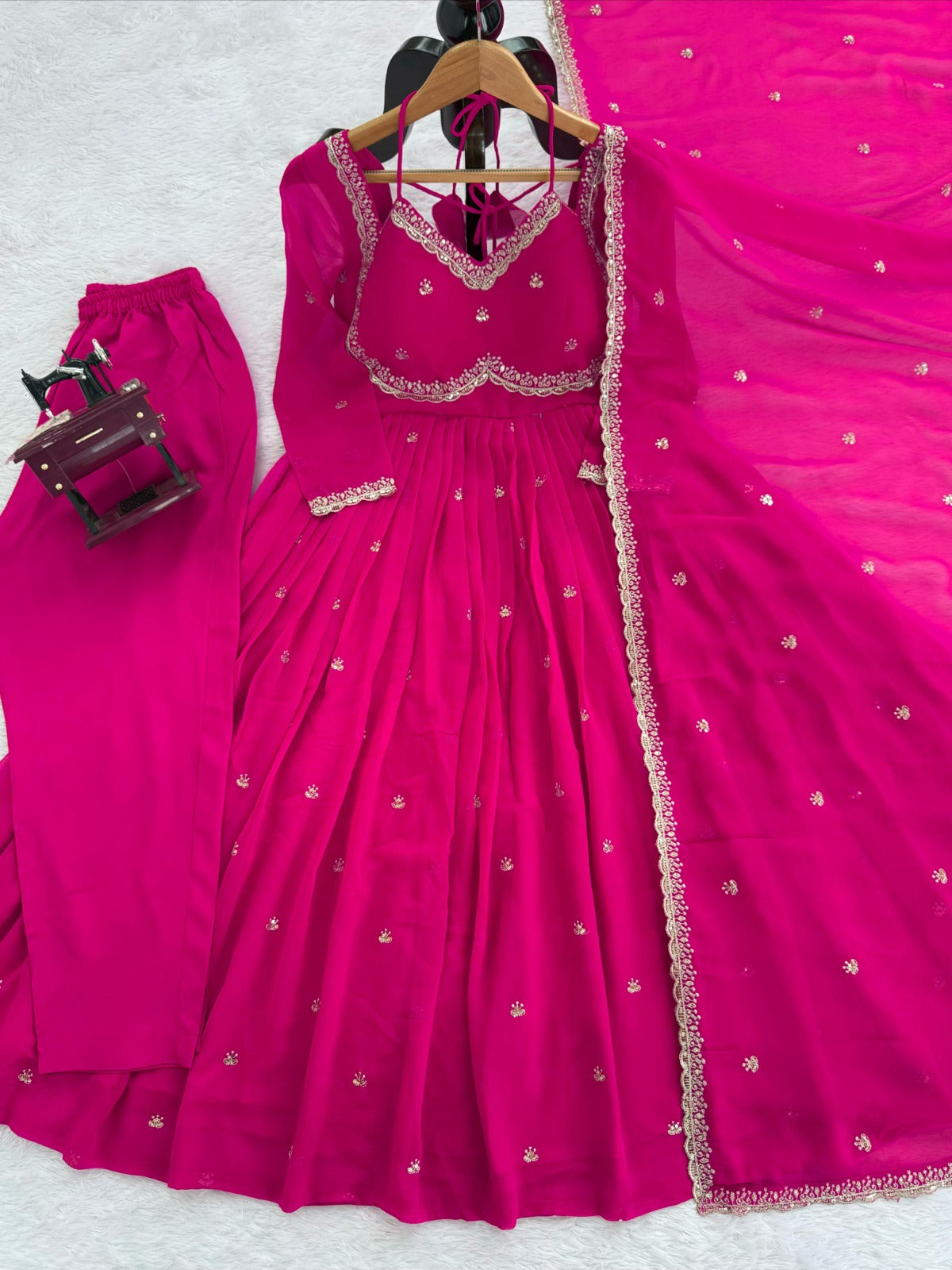 Womens Magenta Embellished Anarkali Suit With Dupatta
