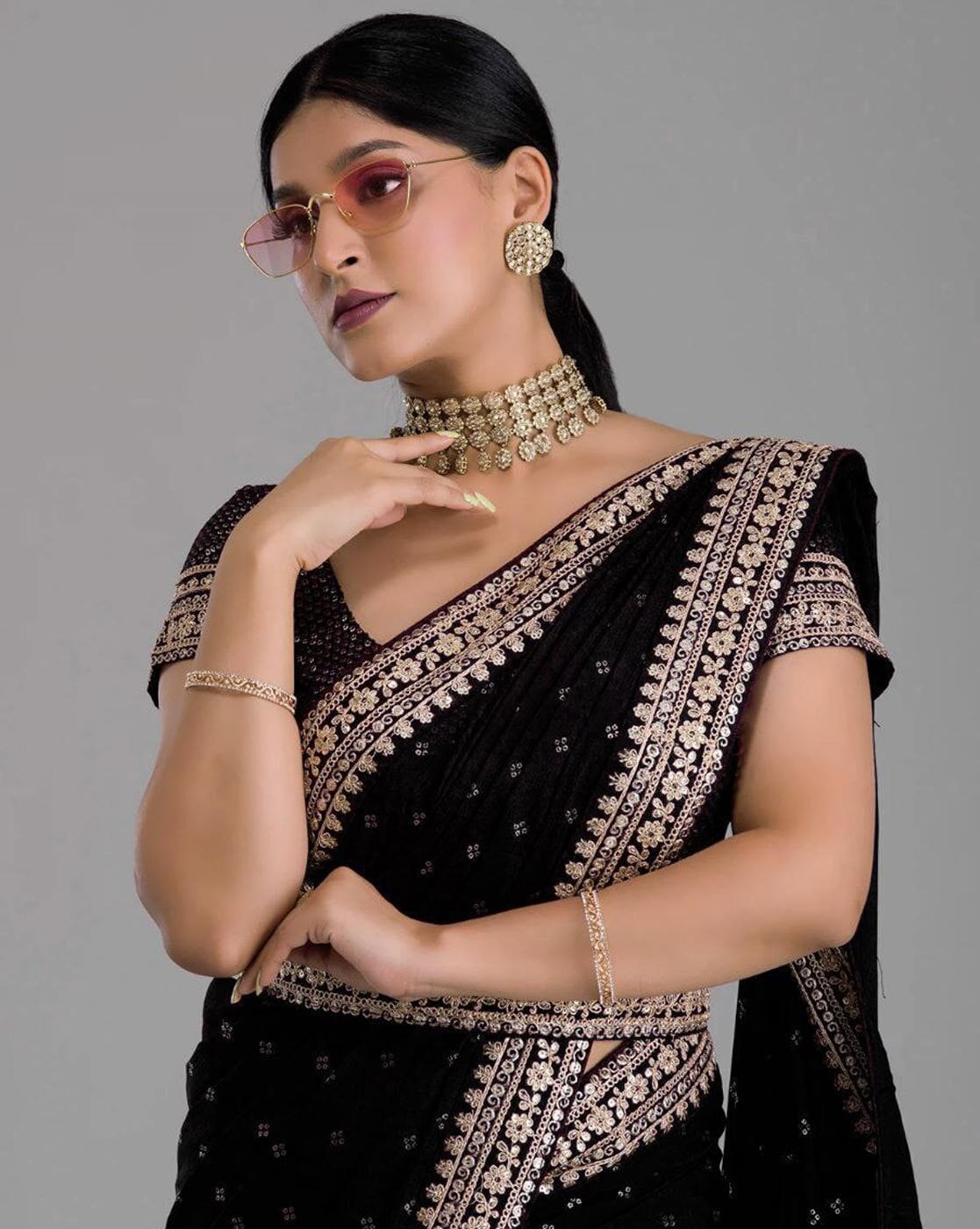 Black Zariwork Chiffon Designer Saree Koskii