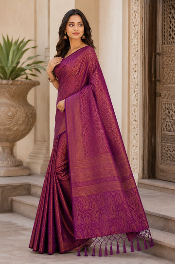 Wine Purple Banarasi Style Soft Silk Saree with Gold Zari