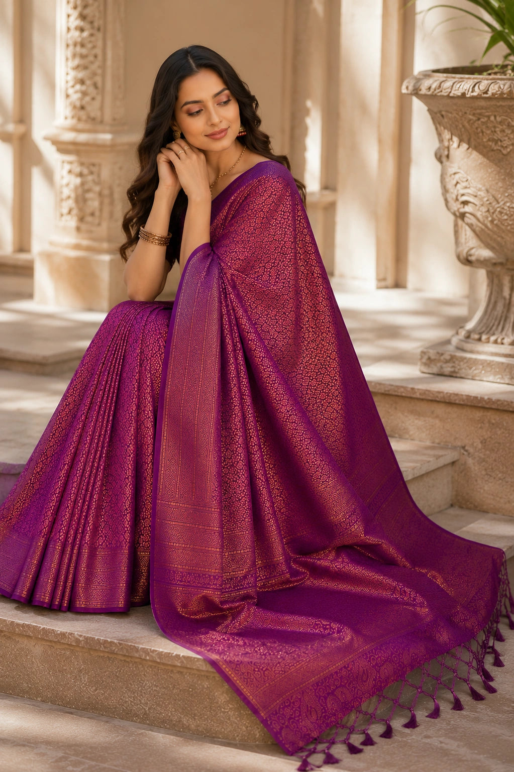 Wine Purple Banarasi Style Soft Silk Saree with Gold Zari
