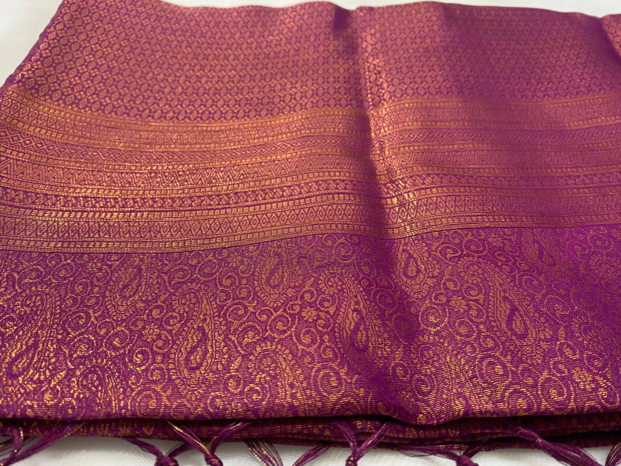 Wine Purple Banarasi Style Soft Silk Saree with Gold Zari