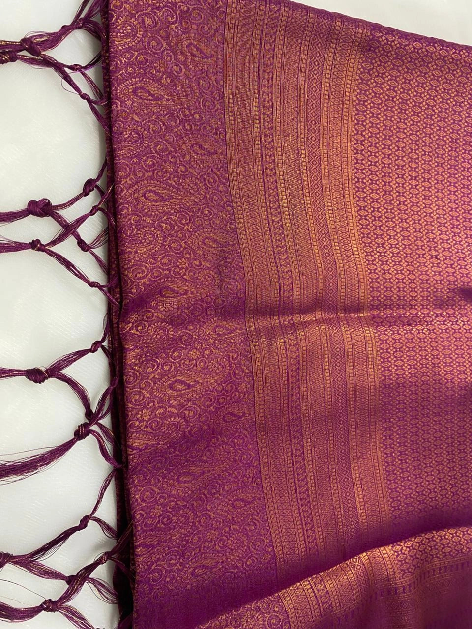 Wine Purple Banarasi Style Soft Silk Saree with Gold Zari