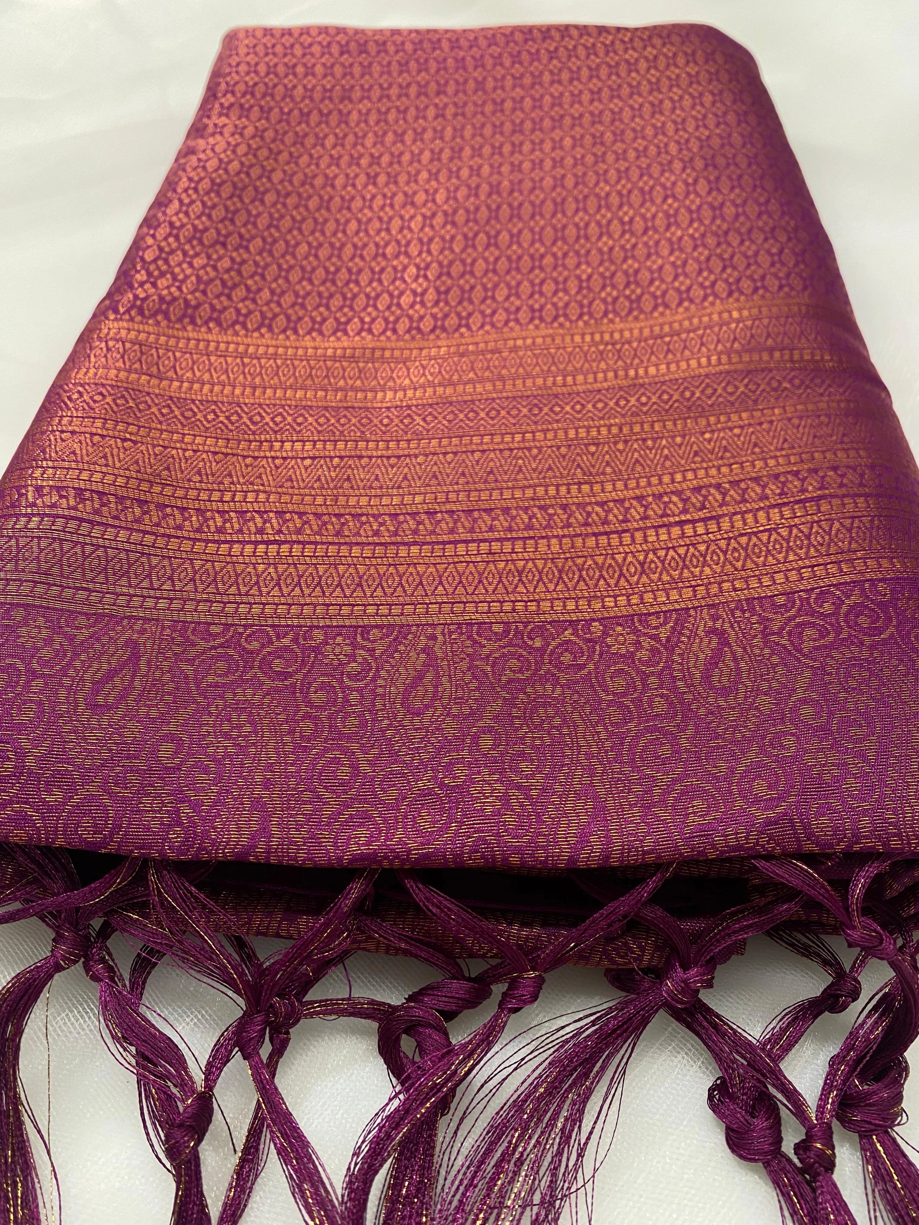 Wine Purple Banarasi Style Soft Silk Saree with Gold Zari