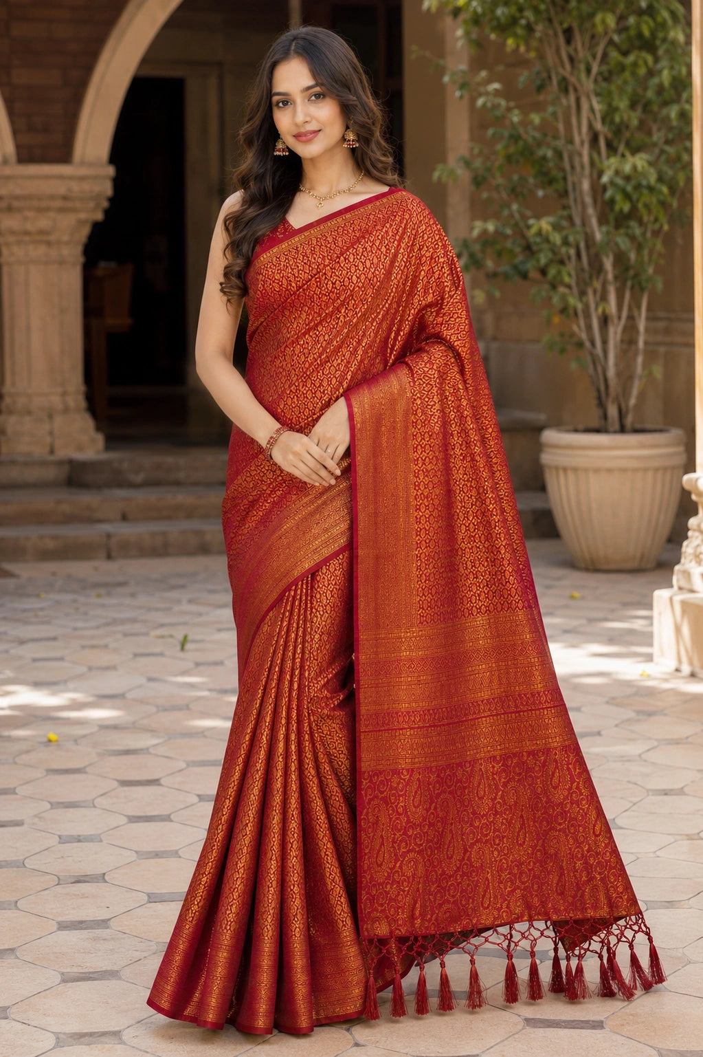 Golden Orange Banarasi Style Zari Woven Wedding Saree