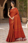 Golden Orange Banarasi Style Zari Woven Wedding Saree