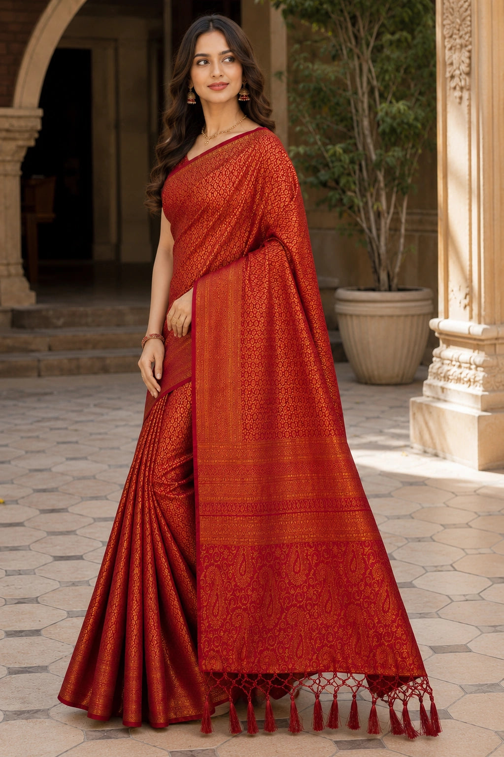 Golden Orange Banarasi Style Zari Woven Wedding Saree