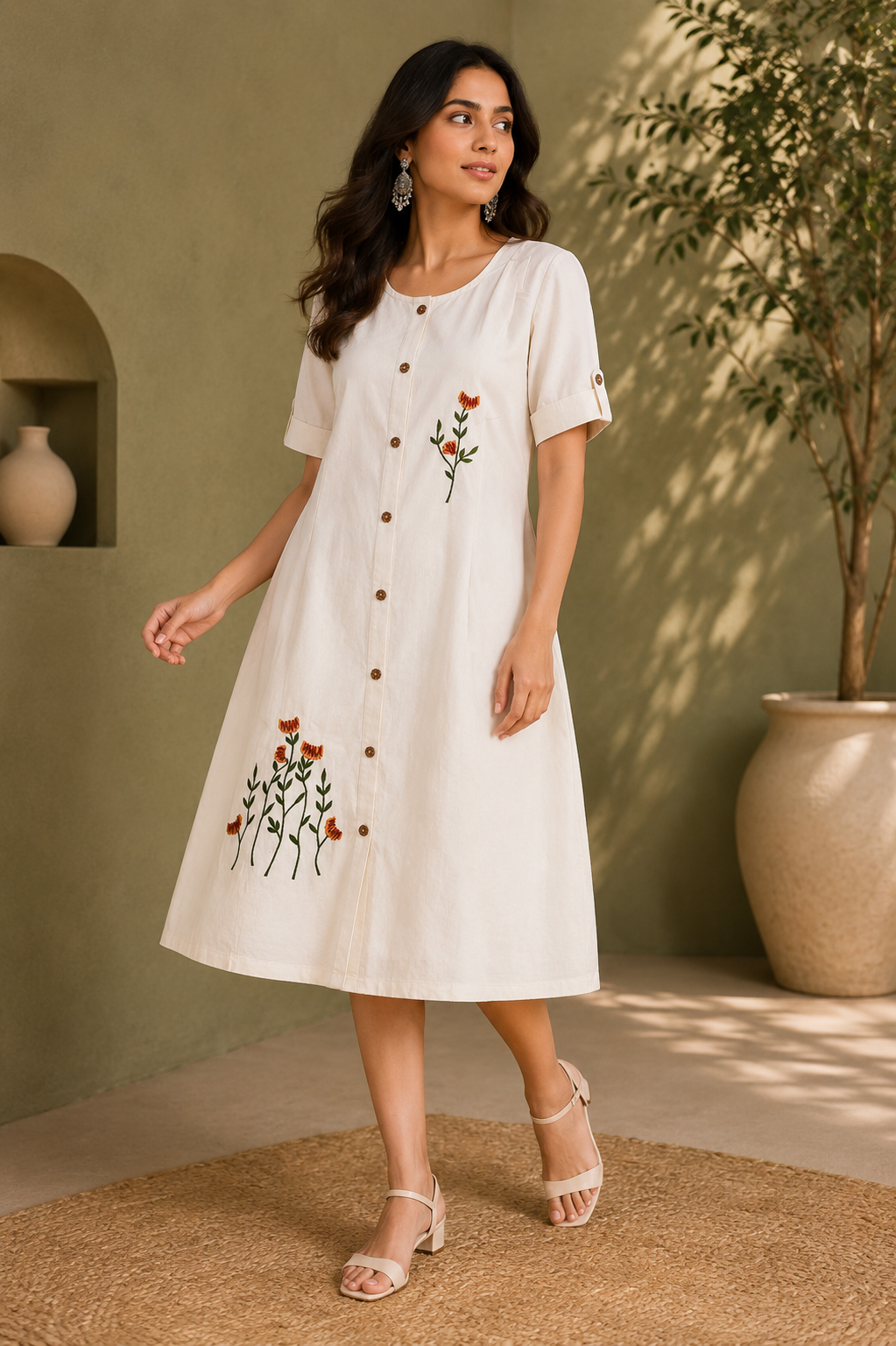 White Linen Floral Embroidered Midi Dress for Women