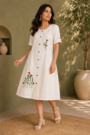 White Linen Floral Embroidered Midi Dress for Women