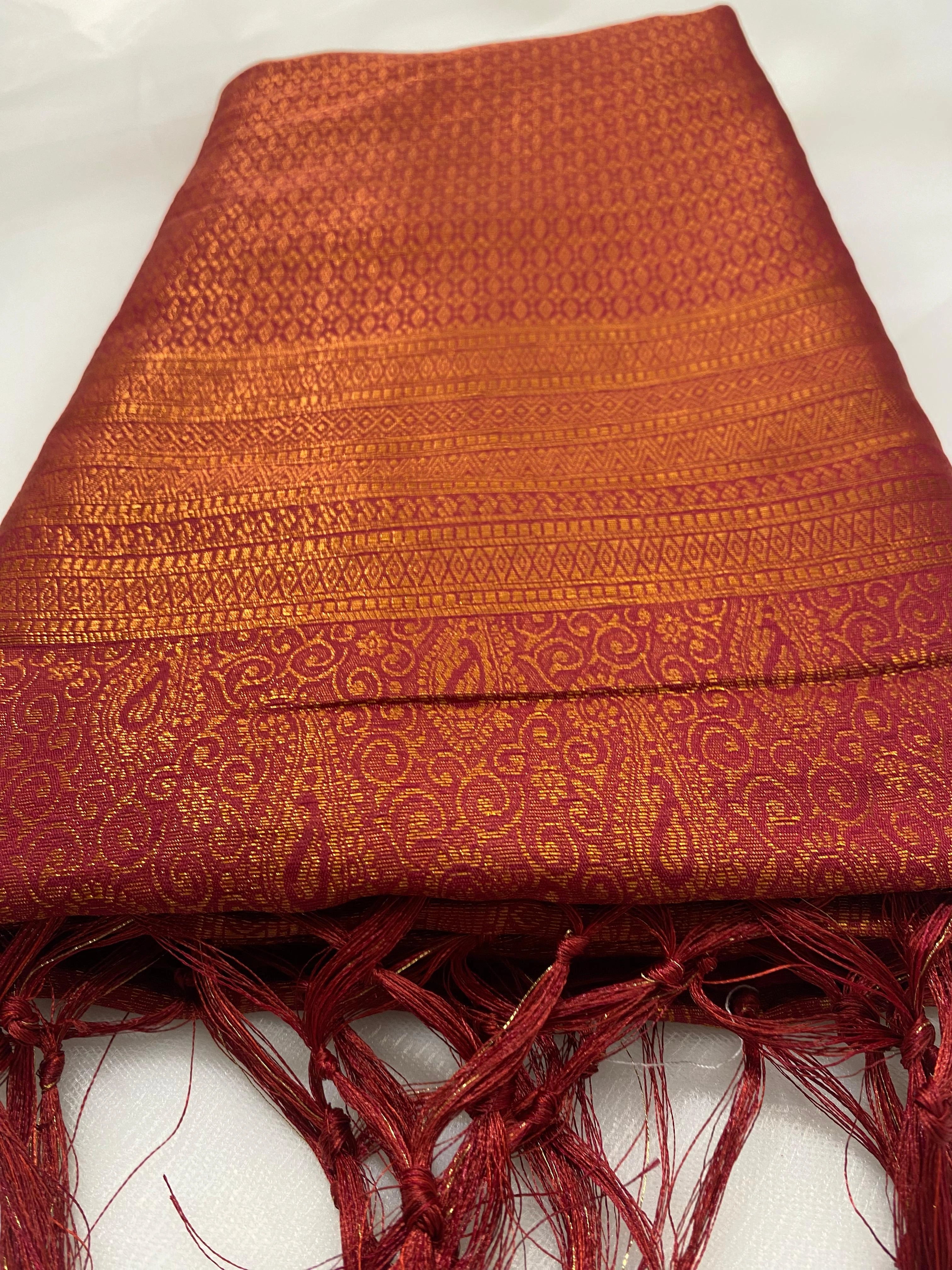 Golden Orange Banarasi Style Zari Woven Wedding Saree