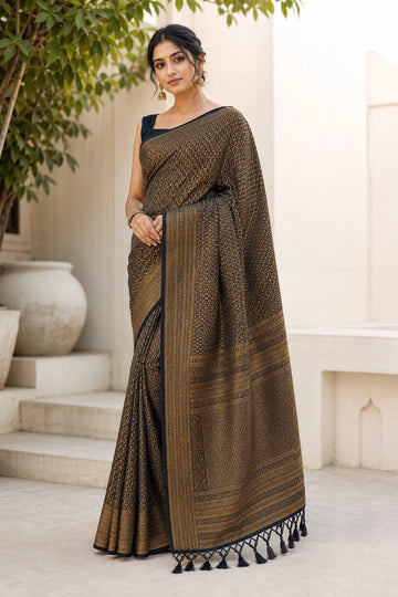 Black Banarasi Soft Silk Saree with Antique Gold Zari