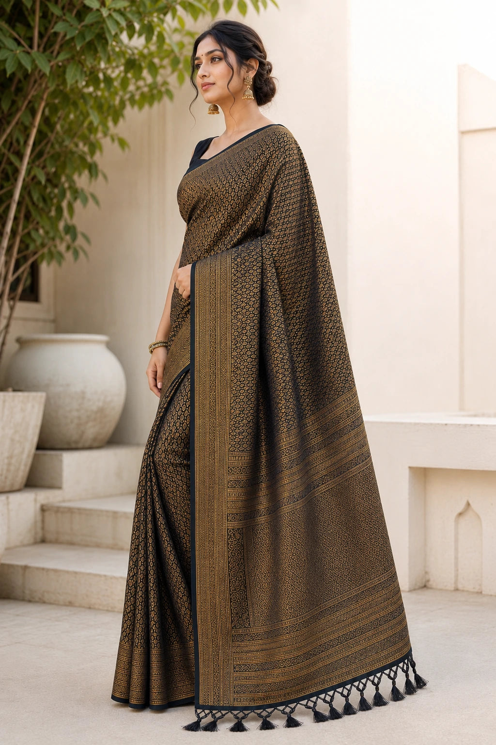Black Banarasi Soft Silk Saree with Antique Gold Zari