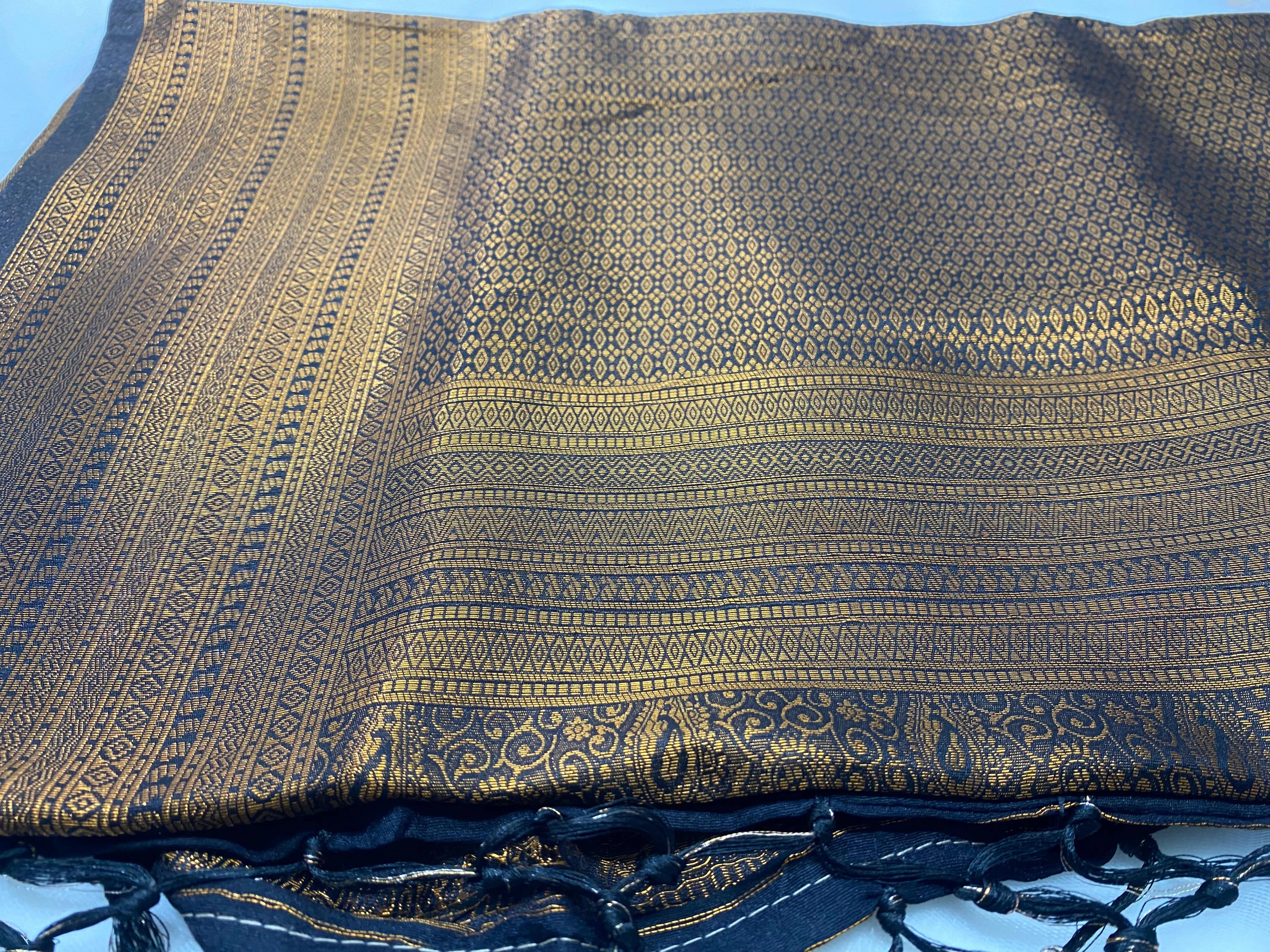 Black Banarasi Soft Silk Saree with Antique Gold Zari