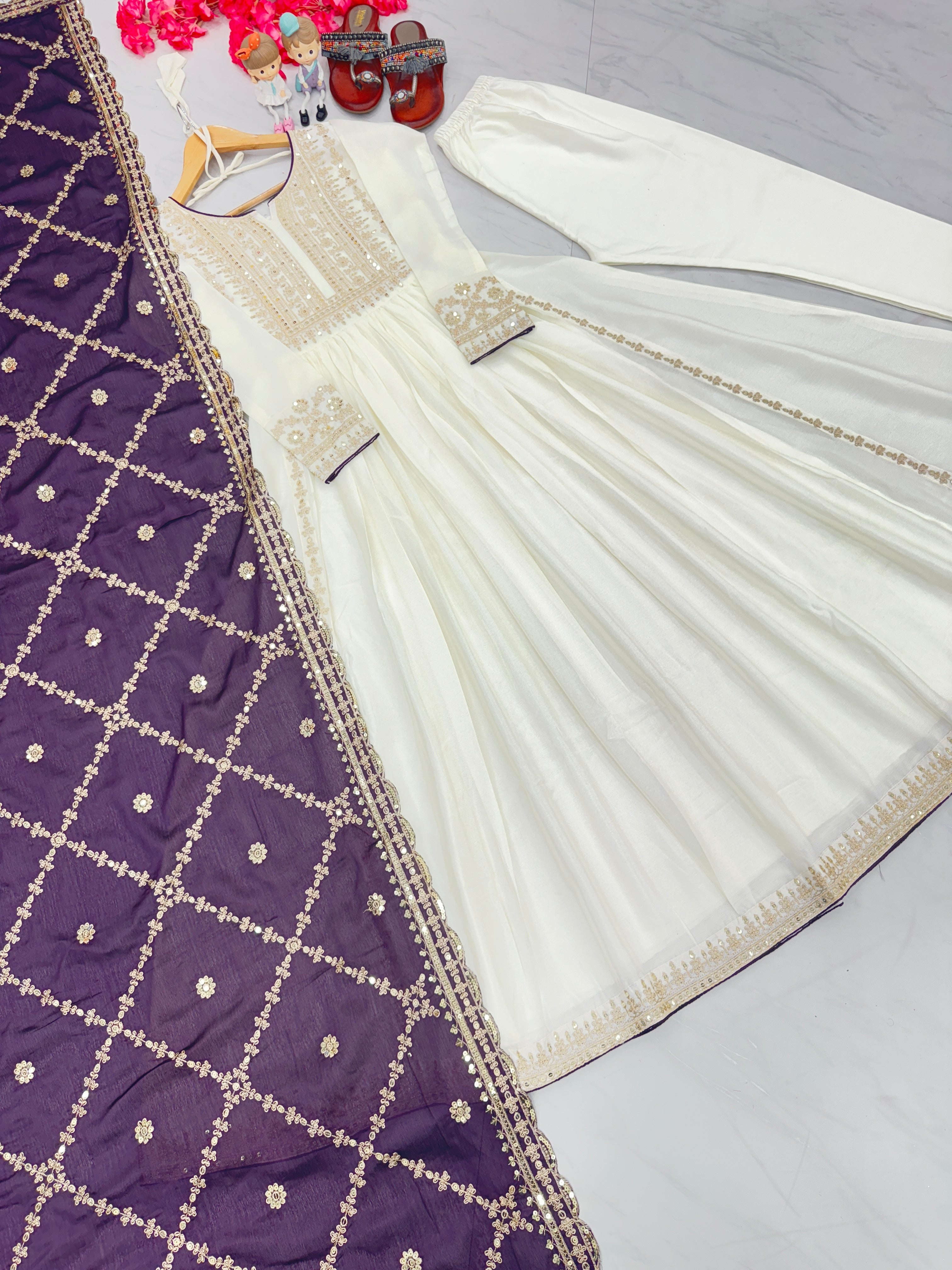 Magnificent Pure Chinon Silk Sequins Embroidered Anarkali Pant Suit