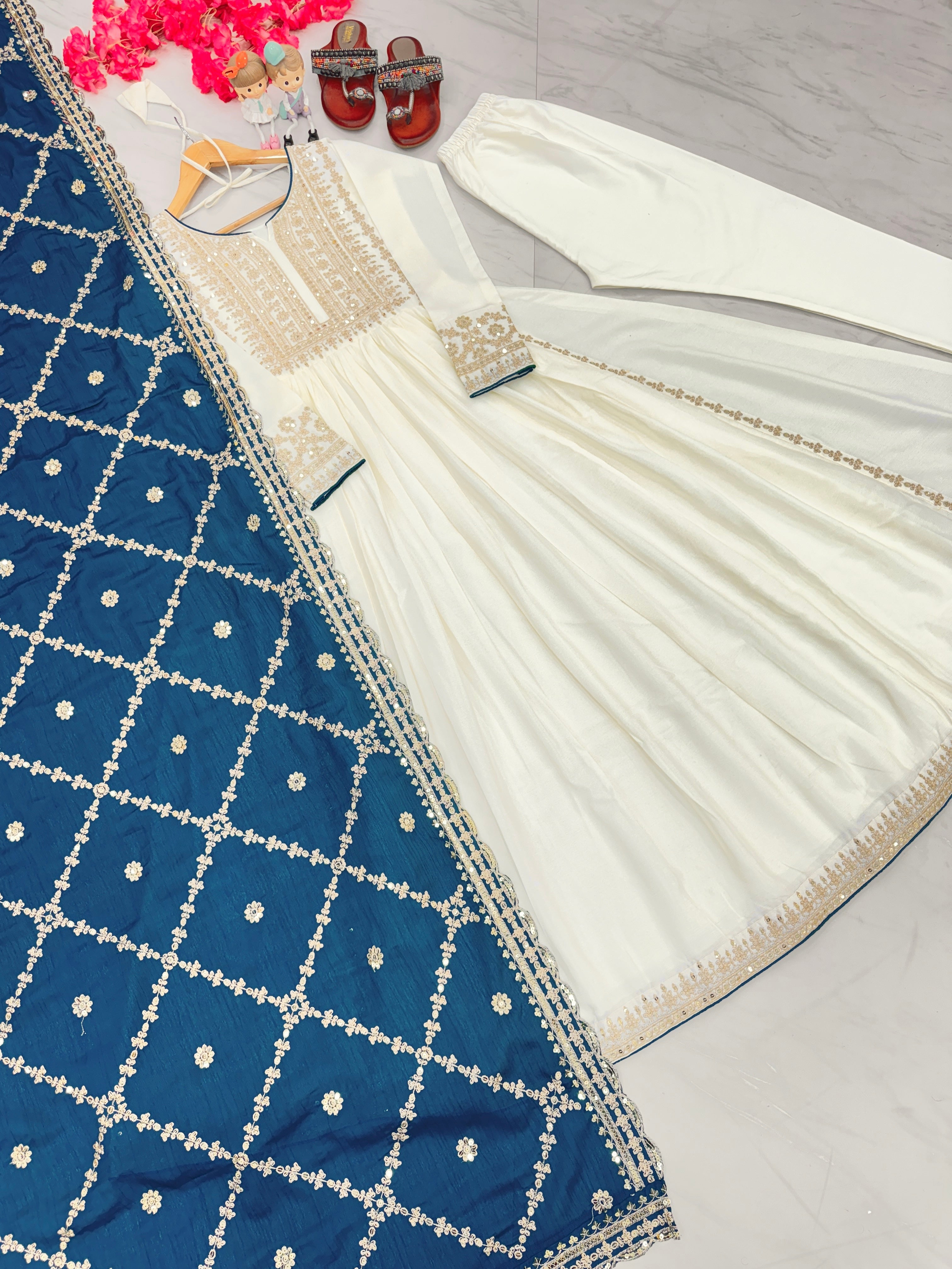 Magnificent Pure Chinon Silk Sequins Embroidered Anarkali Pant Suit