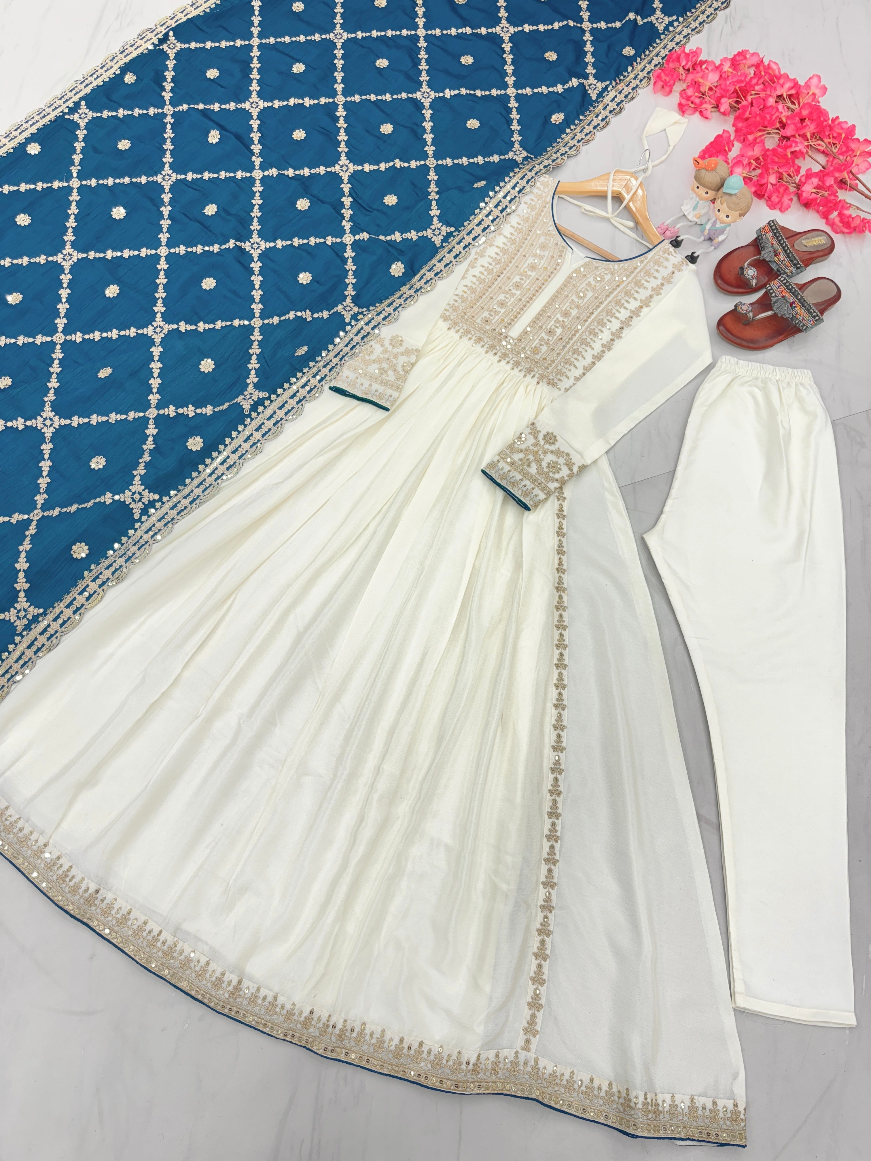 Magnificent Pure Chinon Silk Sequins Embroidered Anarkali Pant Suit