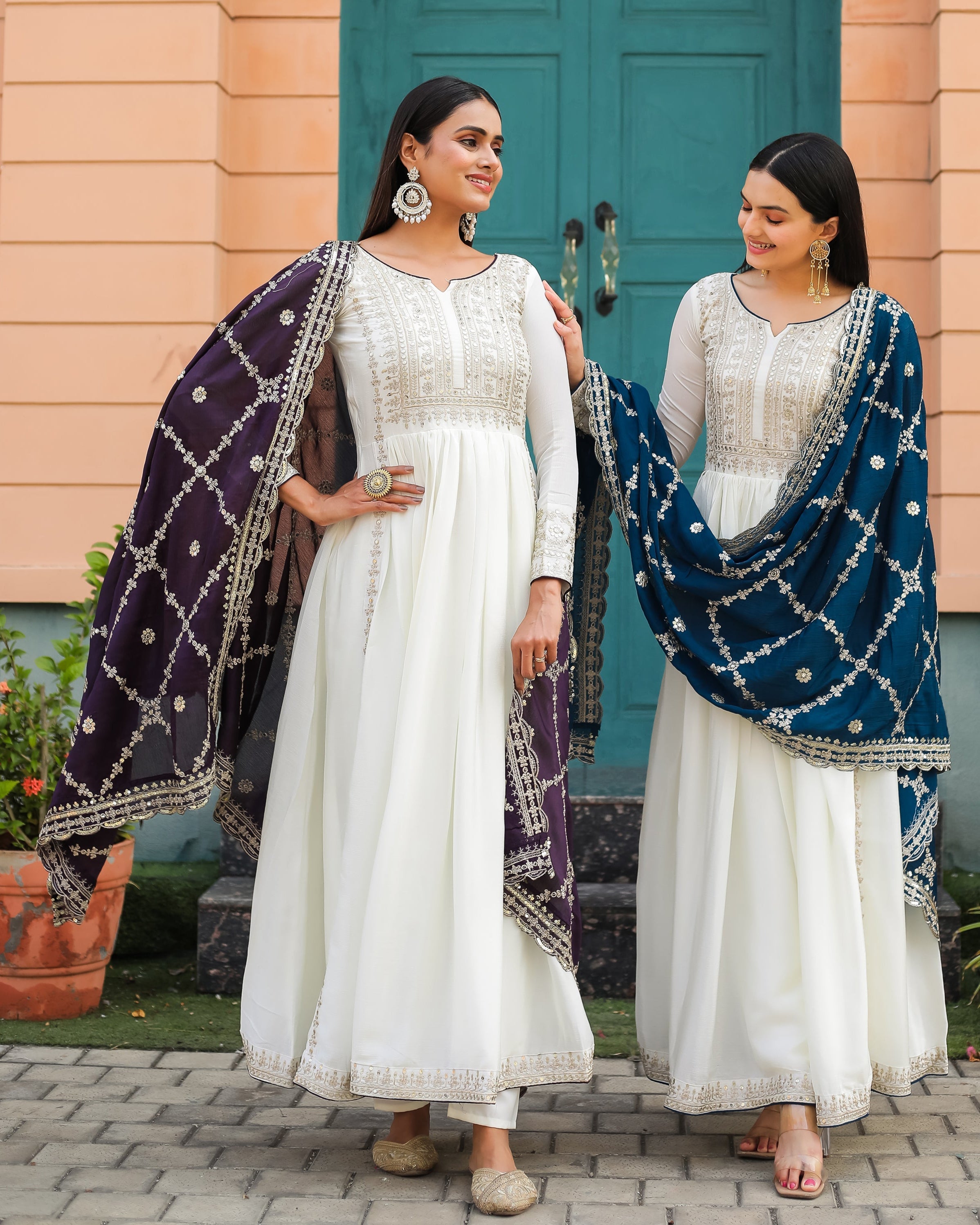 Magnificent Pure Chinon Silk Sequins Embroidered Anarkali Pant Suit