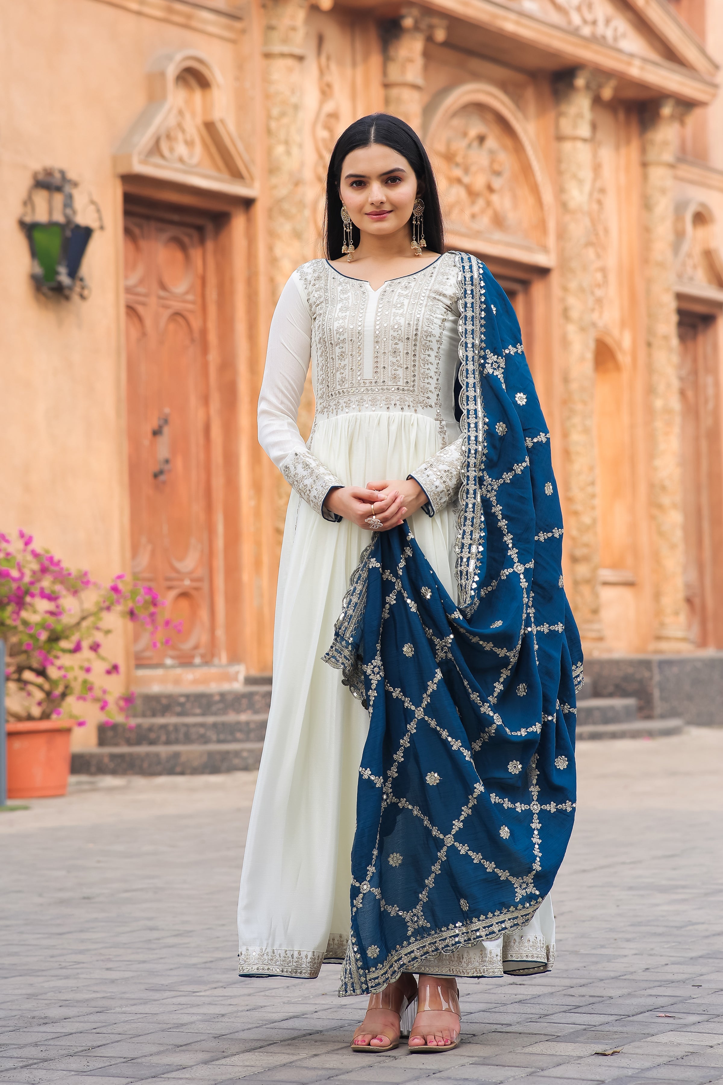 Magnificent Pure Chinon Silk Sequins Embroidered Anarkali Pant Suit