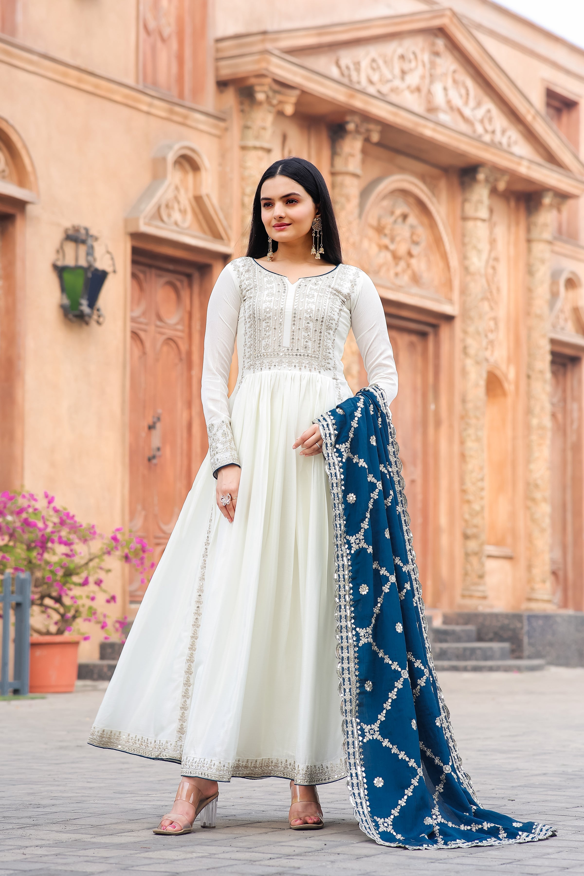 Magnificent Pure Chinon Silk Sequins Embroidered Anarkali Pant Suit