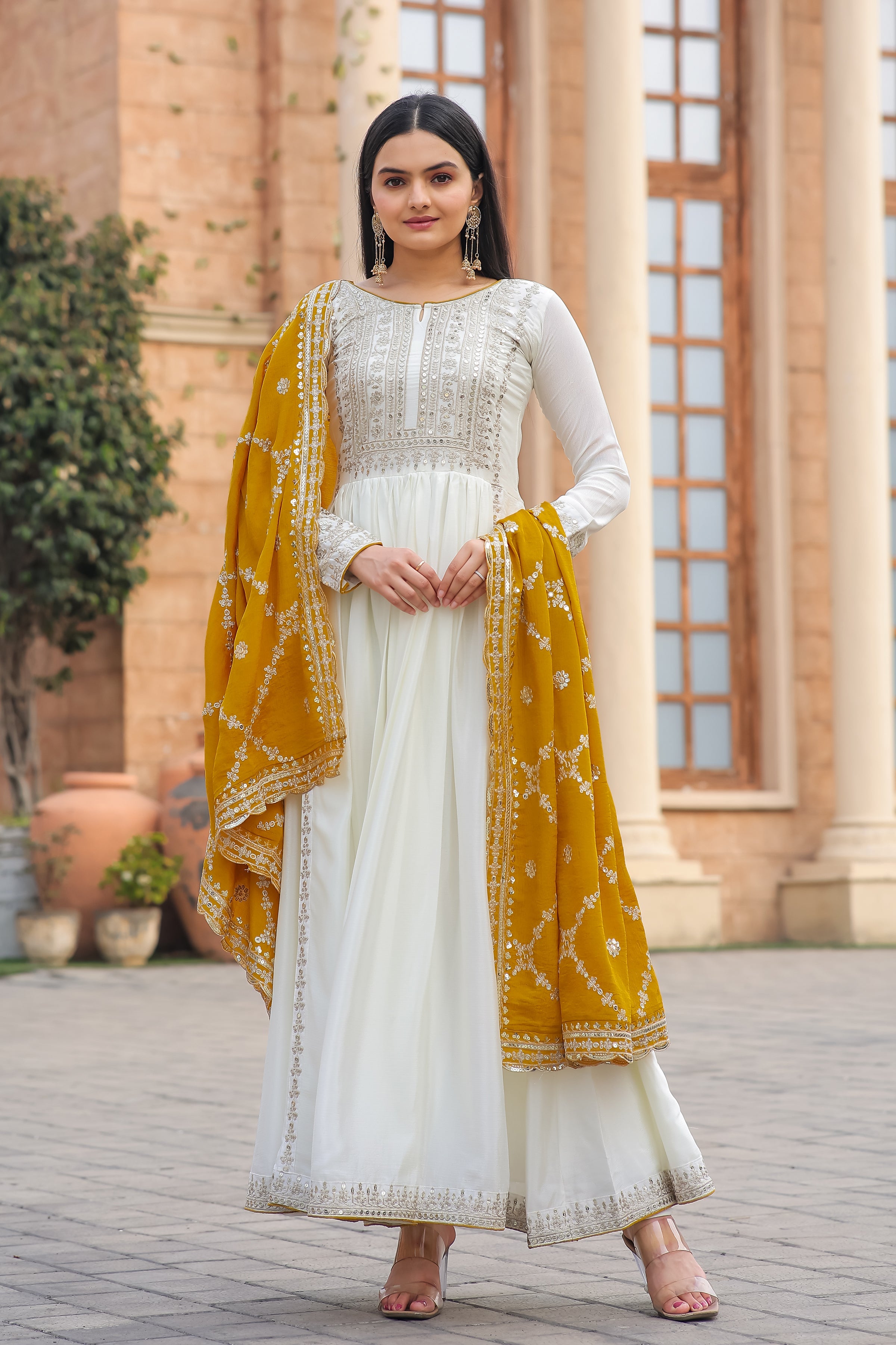 Magnificent Pure Chinon Silk Sequins Embroidered Anarkali Pant Suit