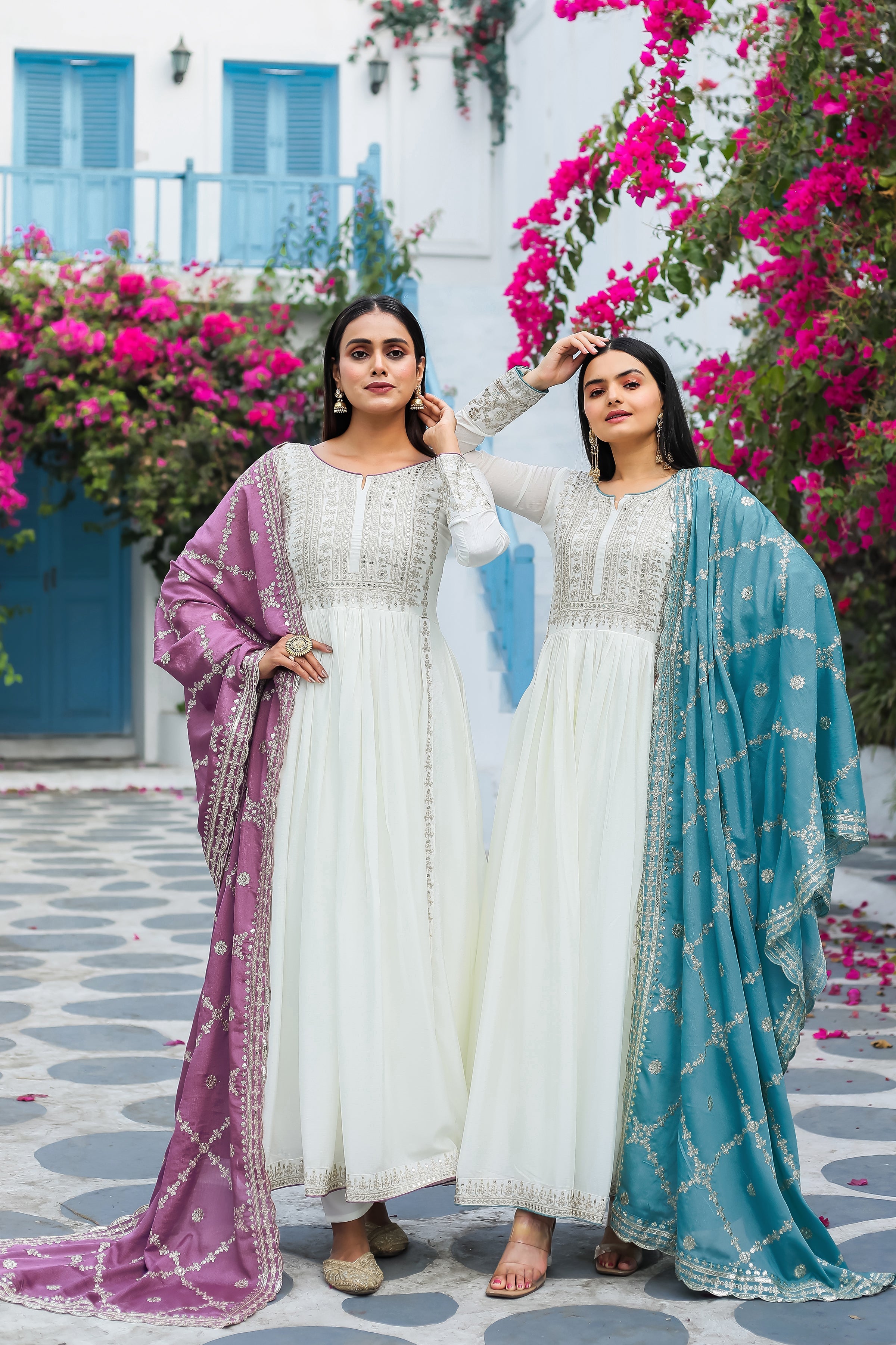 Magnificent Pure Chinon Silk Sequins Embroidered Anarkali Pant Suit