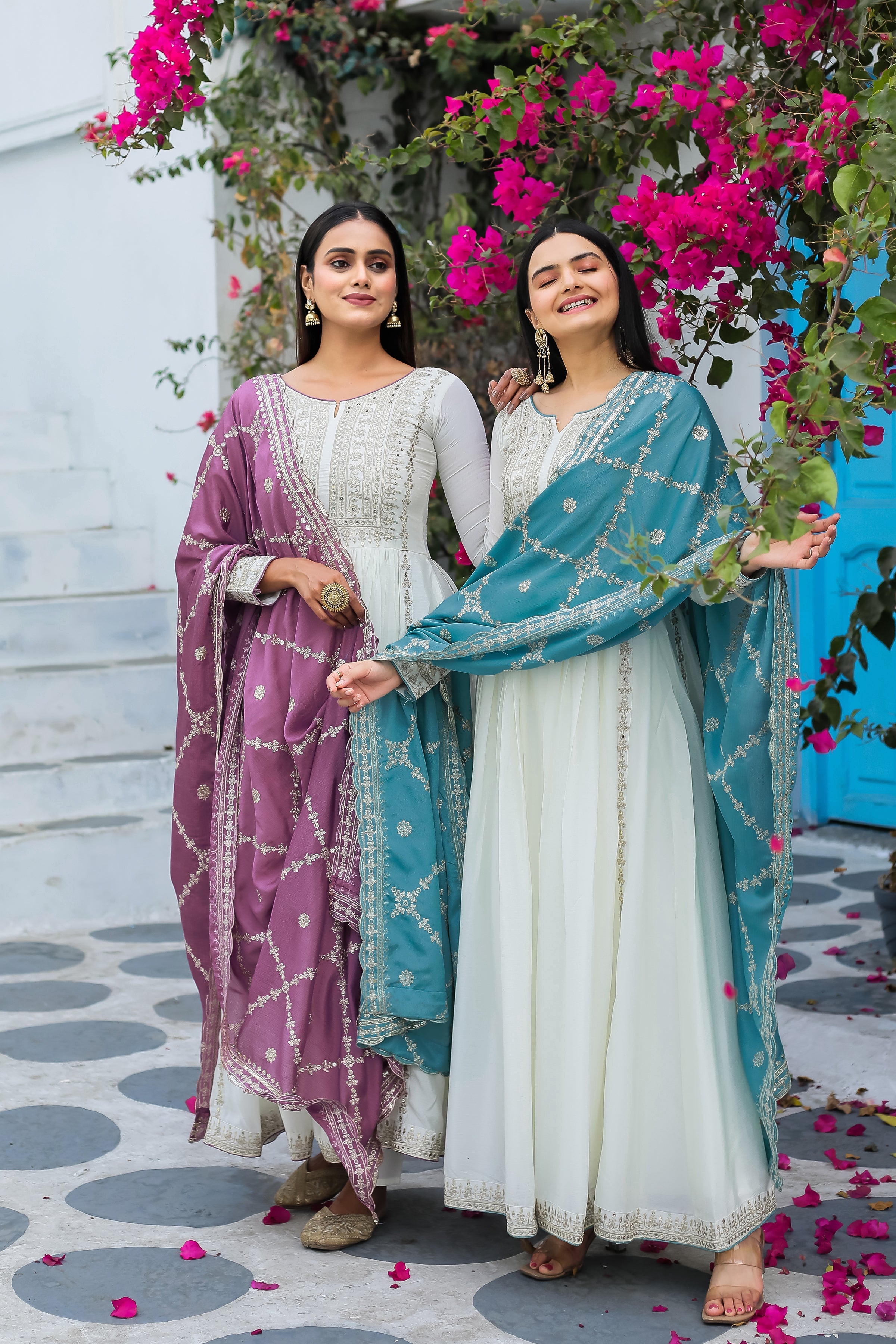 Magnificent Pure Chinon Silk Sequins Embroidered Anarkali Pant Suit