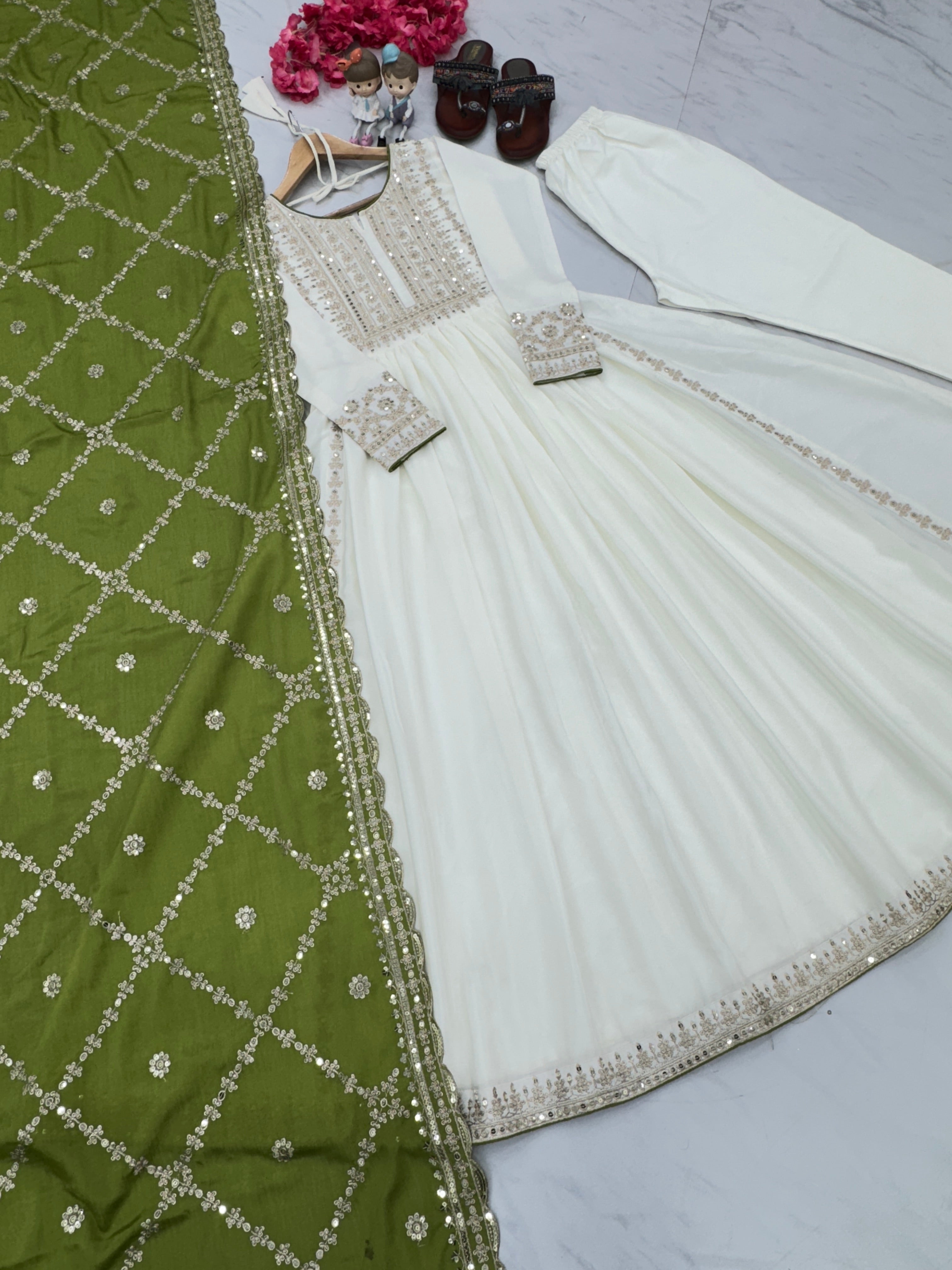 Magnificent Pure Chinon Silk Sequins Embroidered Anarkali Pant Suit