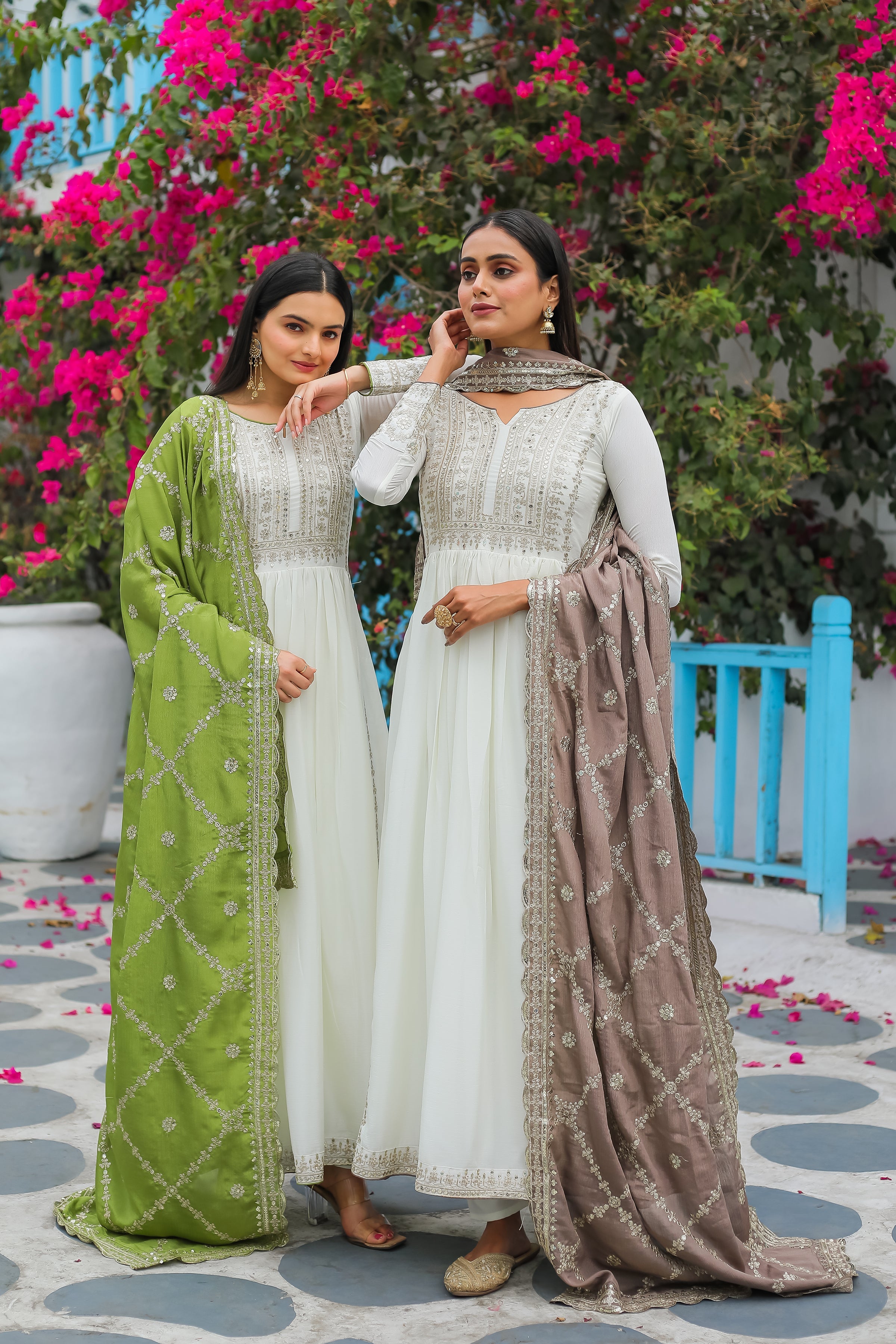 Magnificent Pure Chinon Silk Sequins Embroidered Anarkali Pant Suit