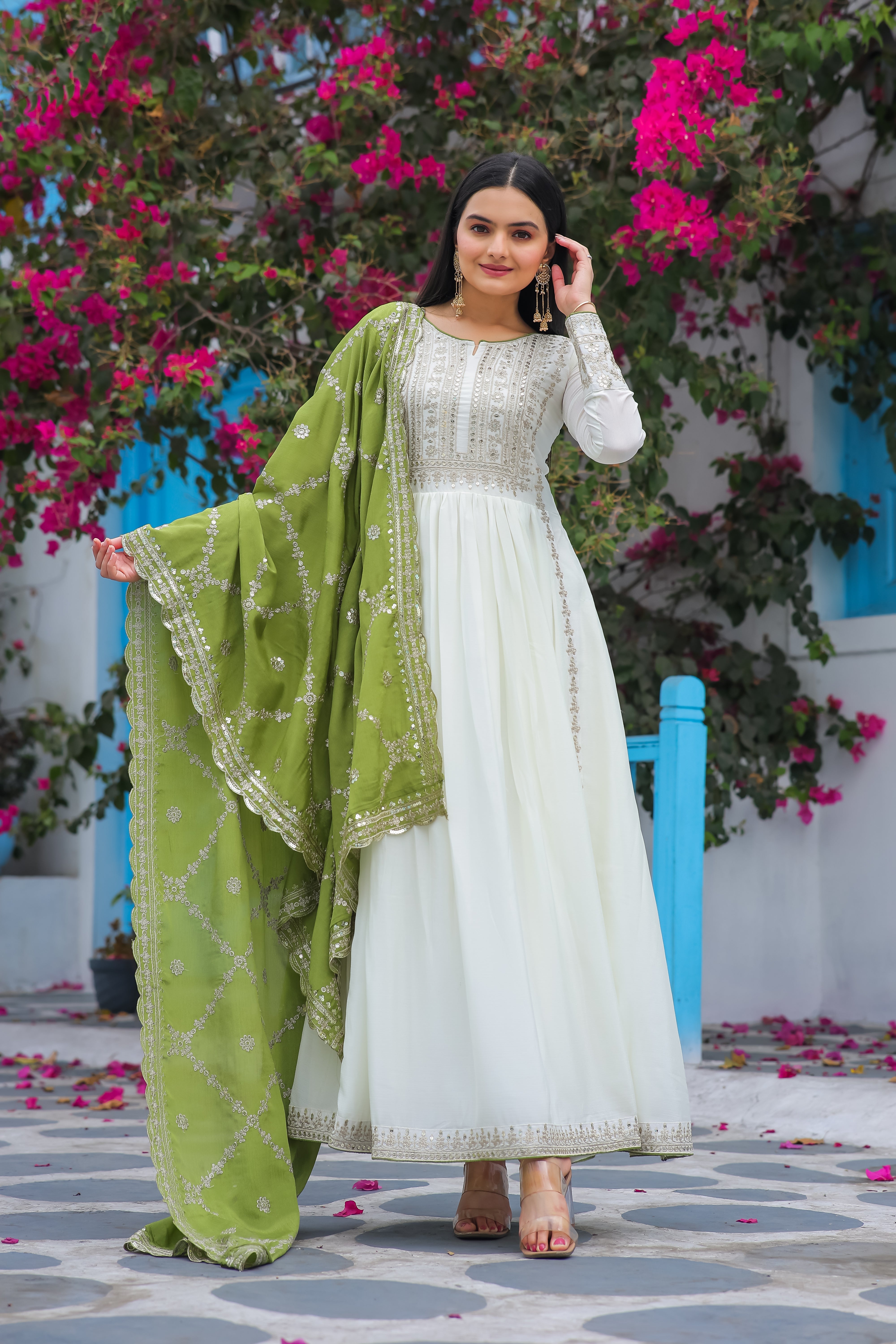 Magnificent Pure Chinon Silk Sequins Embroidered Anarkali Pant Suit