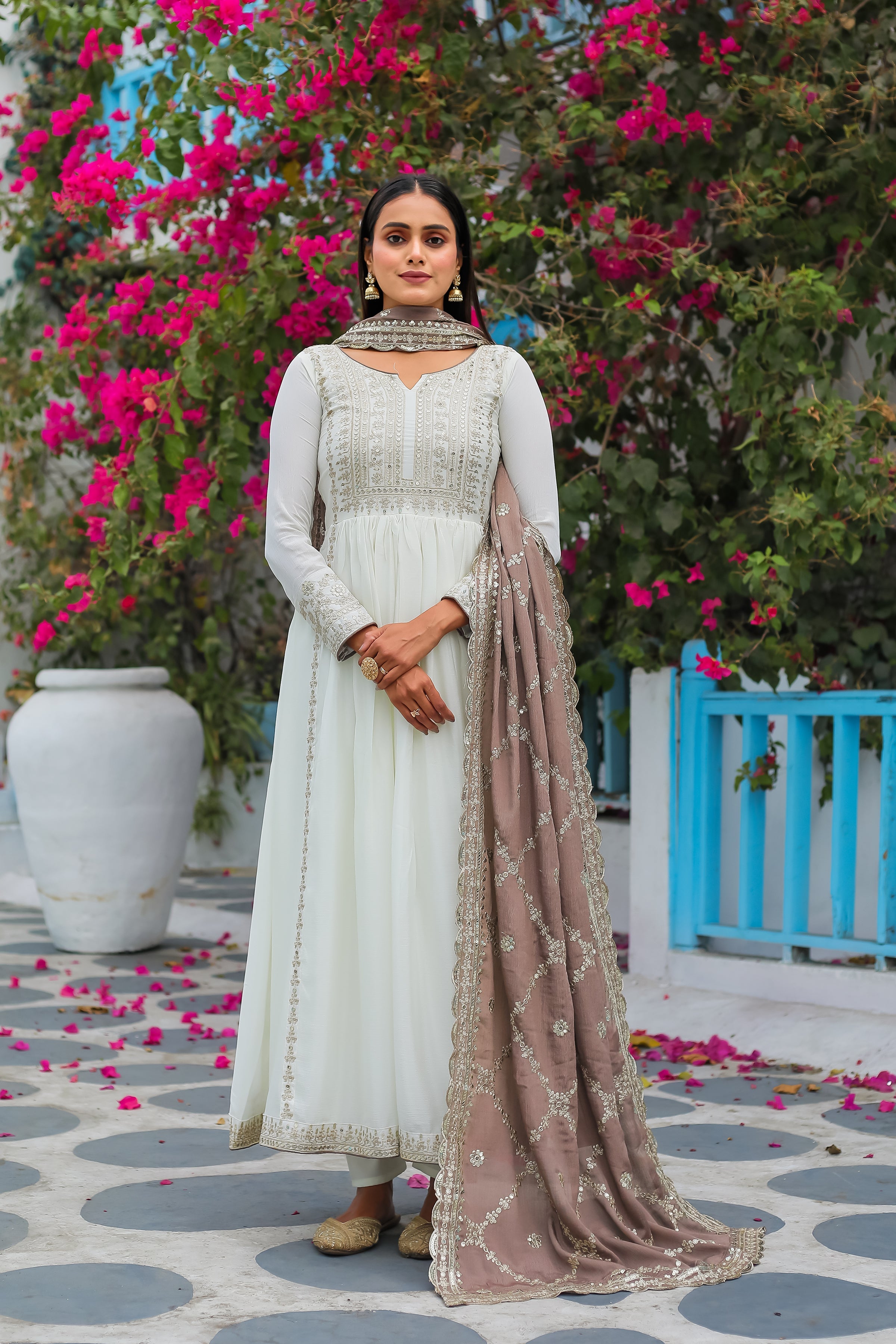Magnificent Pure Chinon Silk Sequins Embroidered Anarkali Pant Suit