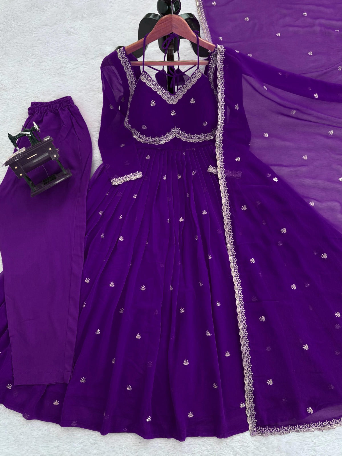 Purple Georgette Anarkali Suit With Silver Embellishments And Dupatta