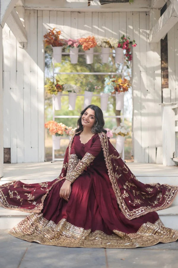 Maroon Velvet Embroidered Anarkali Suit With Dupatta