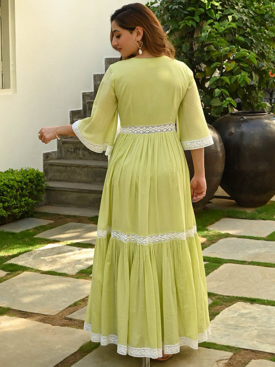 💚 Pastel Lime Flared Anarkali with Lace Detailing 💛🌸