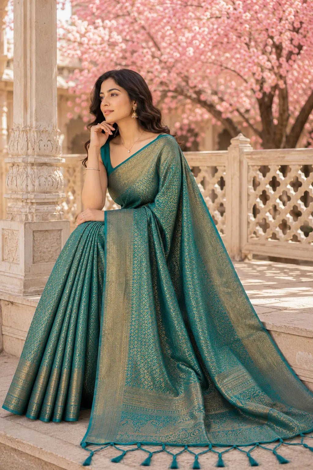 Teal Blue Banarasi Style Soft Silk Saree with Zari Weave