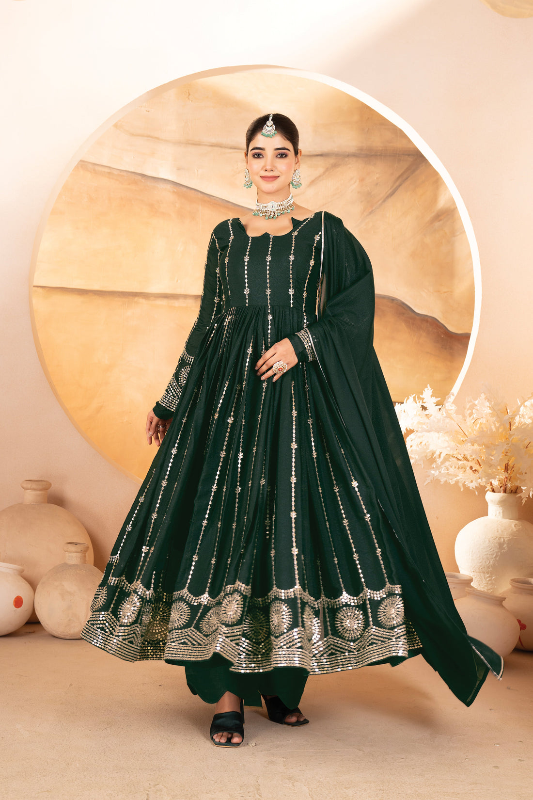 Dark Green Georgette Embroidered Anarkali Suit Set